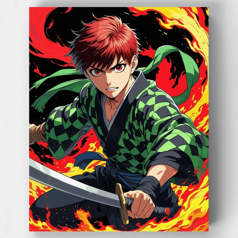 Anime Warrior with Sword in Flames - Paint by Numbers Kit