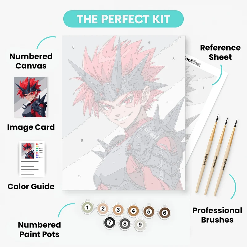 Anime Warrior with Red Hair and Spiky Armor - Paint by Numbers Kit
