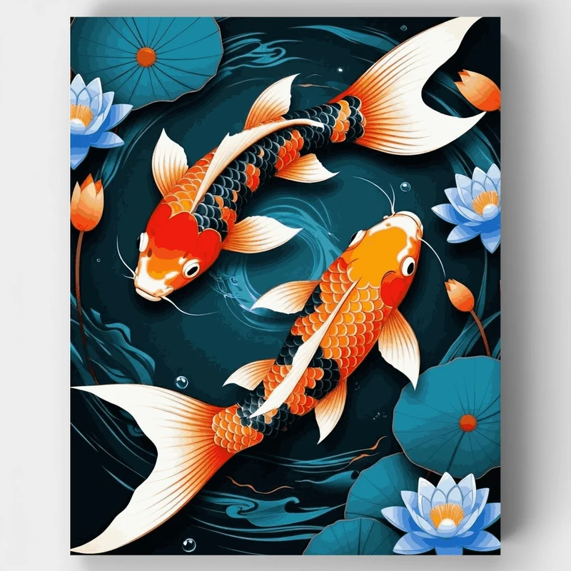 Elegant Koi Fish with Lotus Blossoms - Paint by Numbers Kit