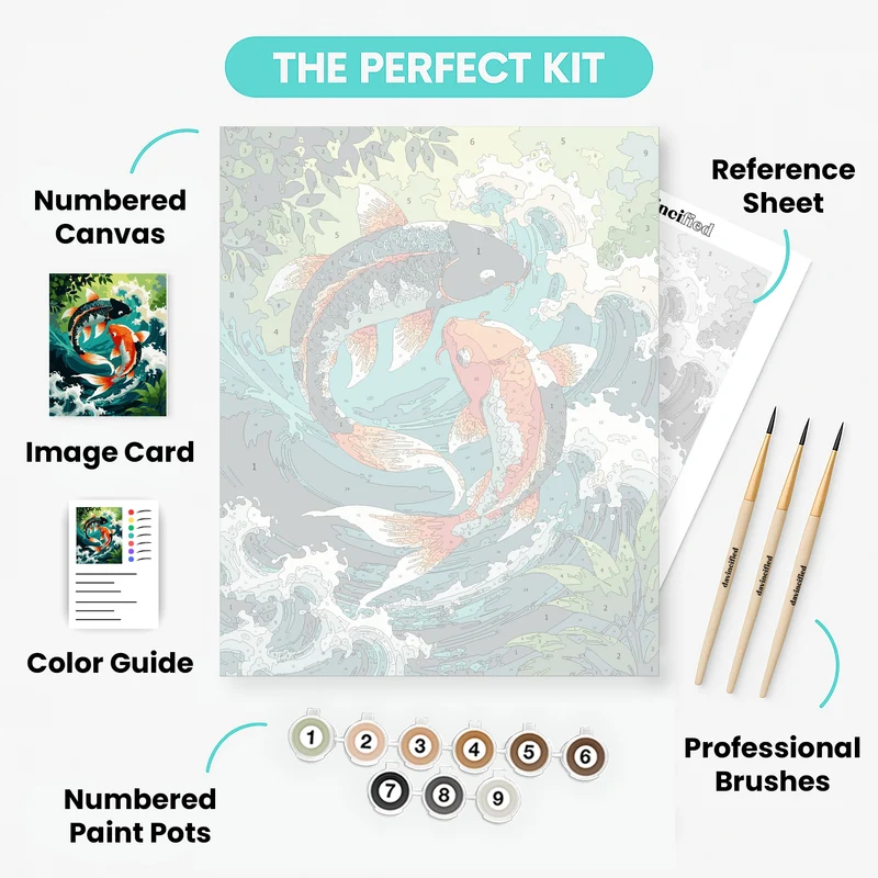 Koi Fish in Turquoise Waves - Paint by Numbers Kit