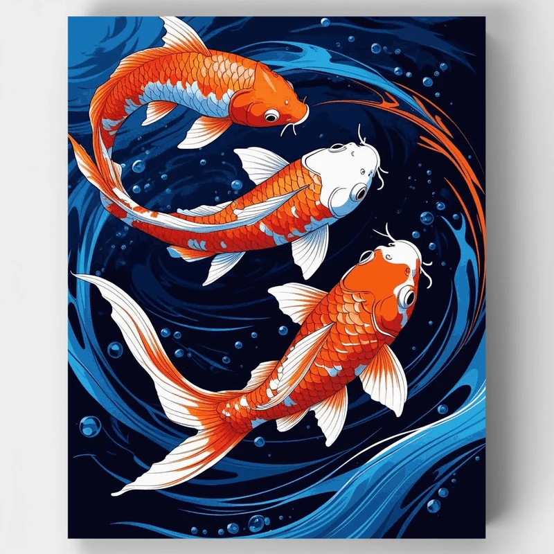 Three Koi Fish Swimming in Swirling Blue Waters - Paint by Numbers Kit