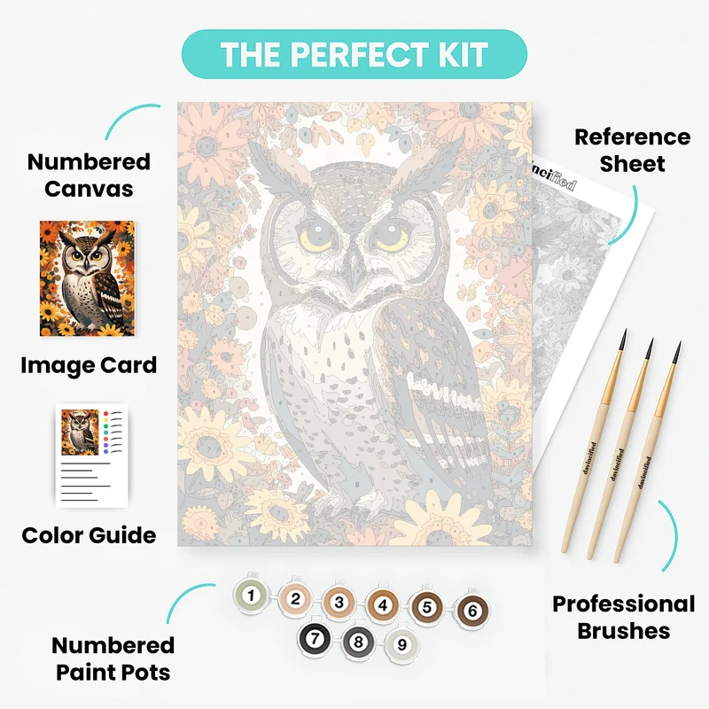 Majestic Owl with Autumn Flowers - Paint by Numbers Kit