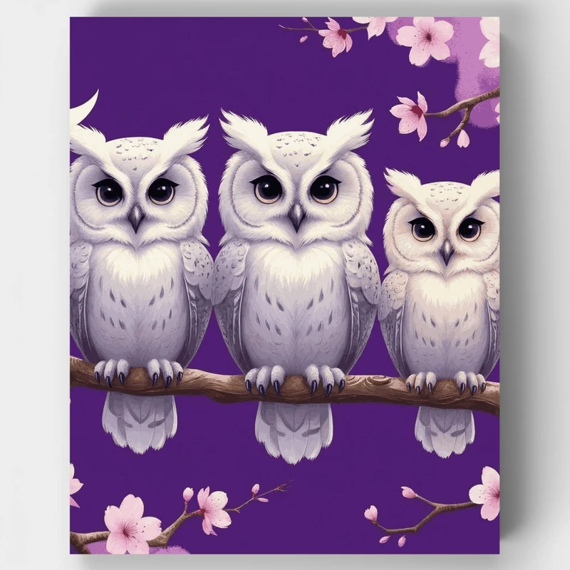 Three White Owls on Cherry Blossom Branch - Paint by Numbers Kit