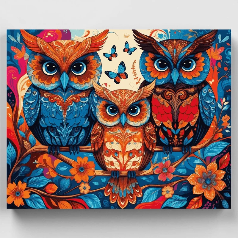 Ornate Owls with Butterflies - Paint by Numbers Kit