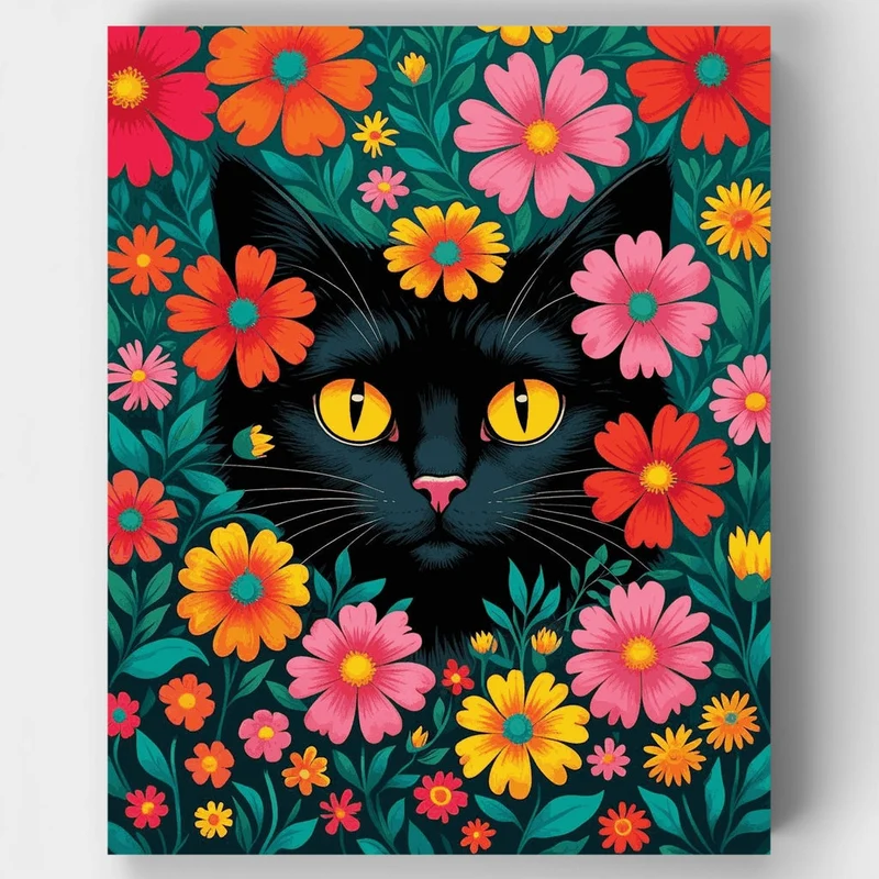 Black Cat in Colorful Flower Garden - Paint by Numbers Kit