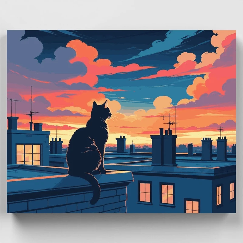 Black Cat on Rooftop at Sunset - Paint by Numbers Kit