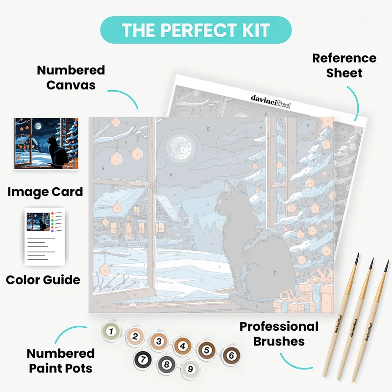Black Cat Gazing at Snowy Christmas Night - Paint by Numbers Kit