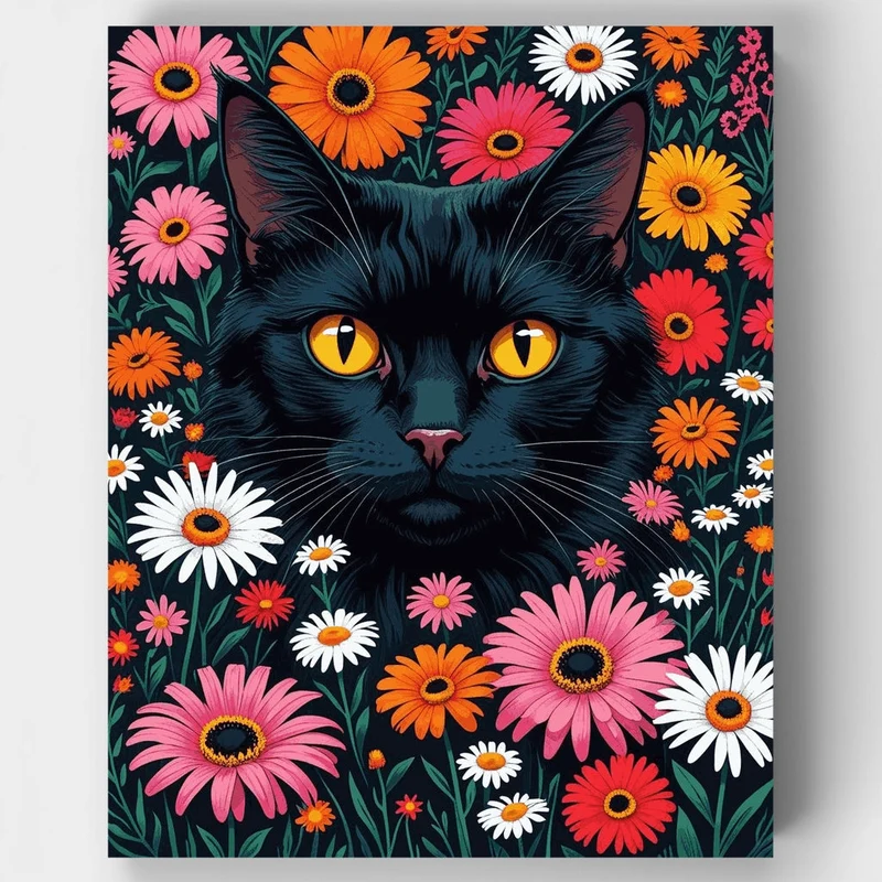 Black Cat Among Colorful Daisies - Paint by Numbers Kit