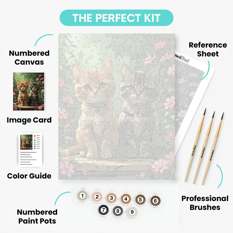 Two Kittens Sitting Together in Pink Flower Garden - Paint by Numbers Kit