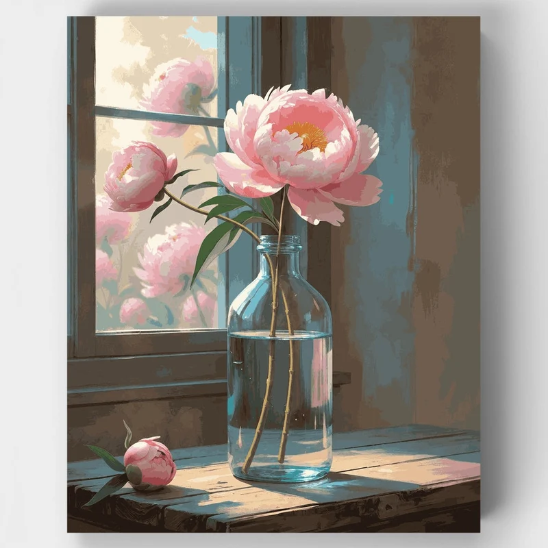 Pink Peonies by Window - Paint by Numbers Kit