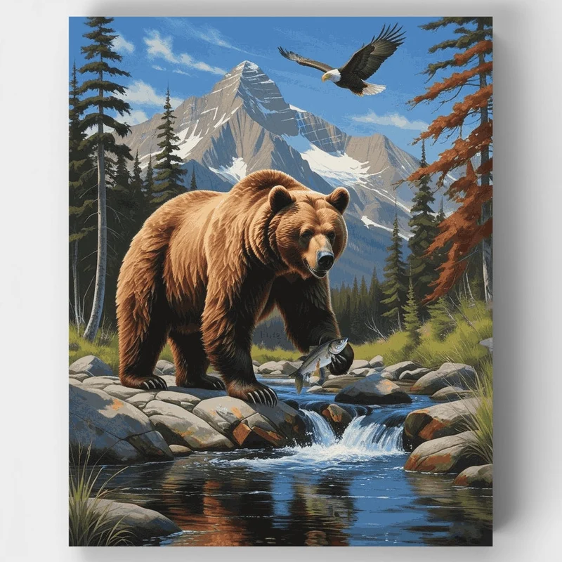 Majestic Grizzly Bear Fishing in Mountain Wilderness - Paint by Numbers Kit