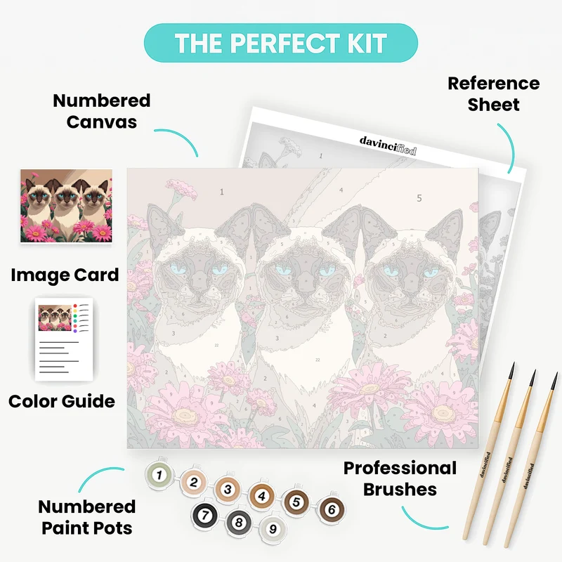 Three Siamese Cats with Pink Flowers - Paint by Numbers Kit