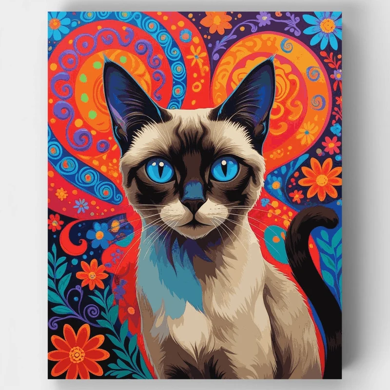 Siamese Cat with Psychedelic Floral Background - Paint by Numbers Kit
