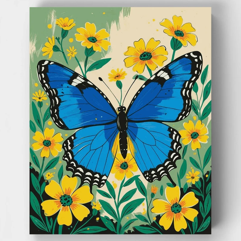 Blue Butterfly Among Yellow Flowers - Paint by Numbers Kit