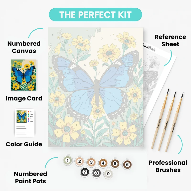 Blue Butterfly Among Yellow Flowers - Paint by Numbers Kit