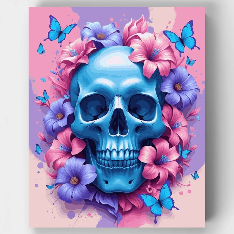Blue Skull with Flowers and Butterflies - Paint by Numbers Kit