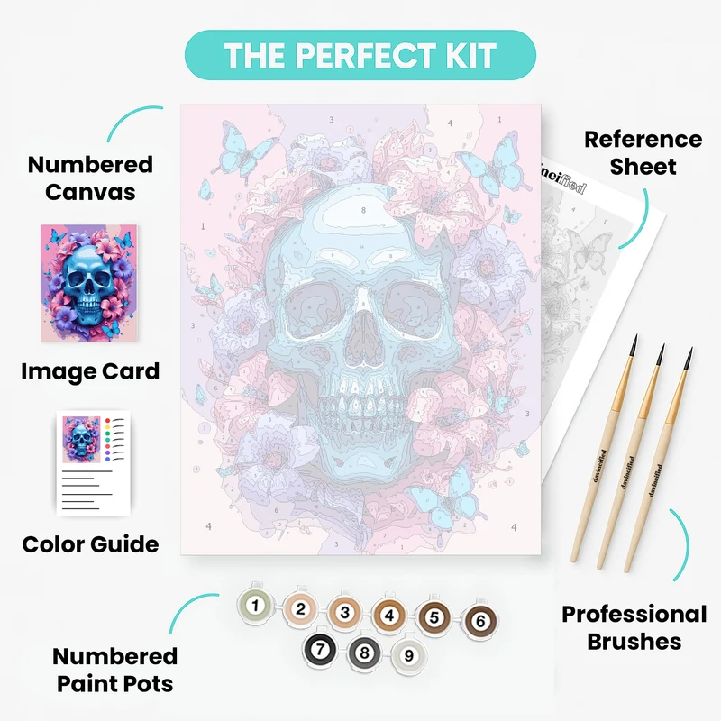 Blue Skull with Flowers and Butterflies - Paint by Numbers Kit