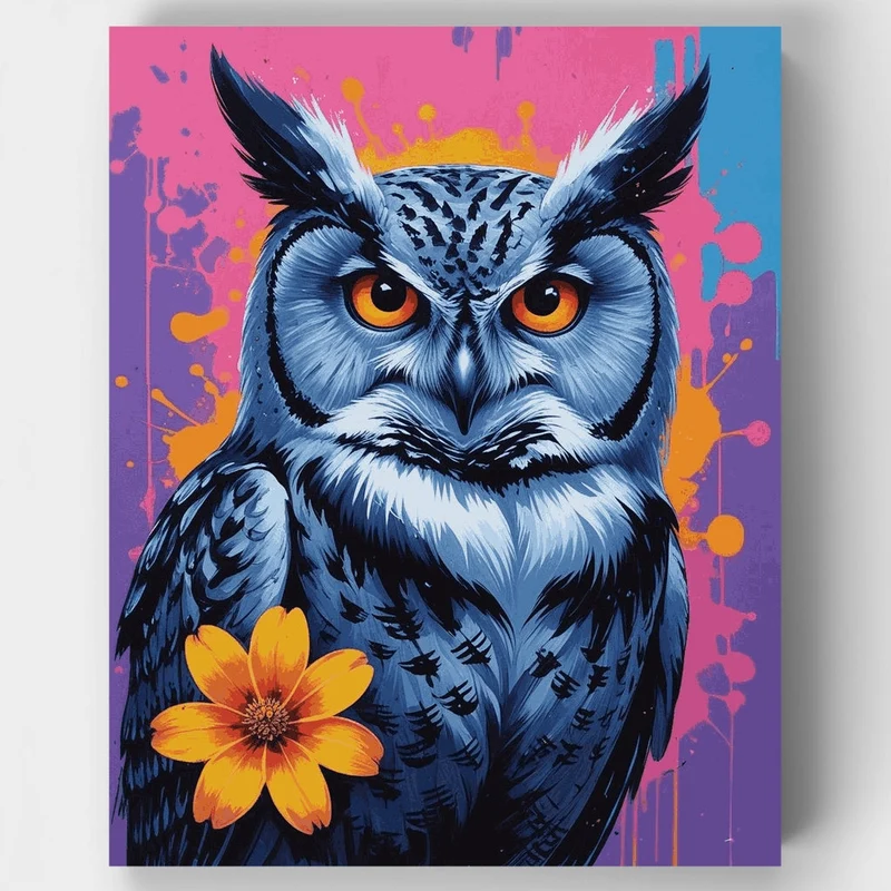 Blue Owl with Yellow Flower - Paint by Numbers Kit