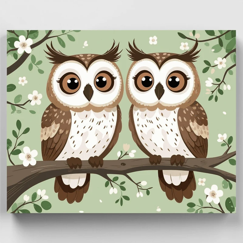 Two Adorable Owls on a Branch - Paint by Numbers Kit