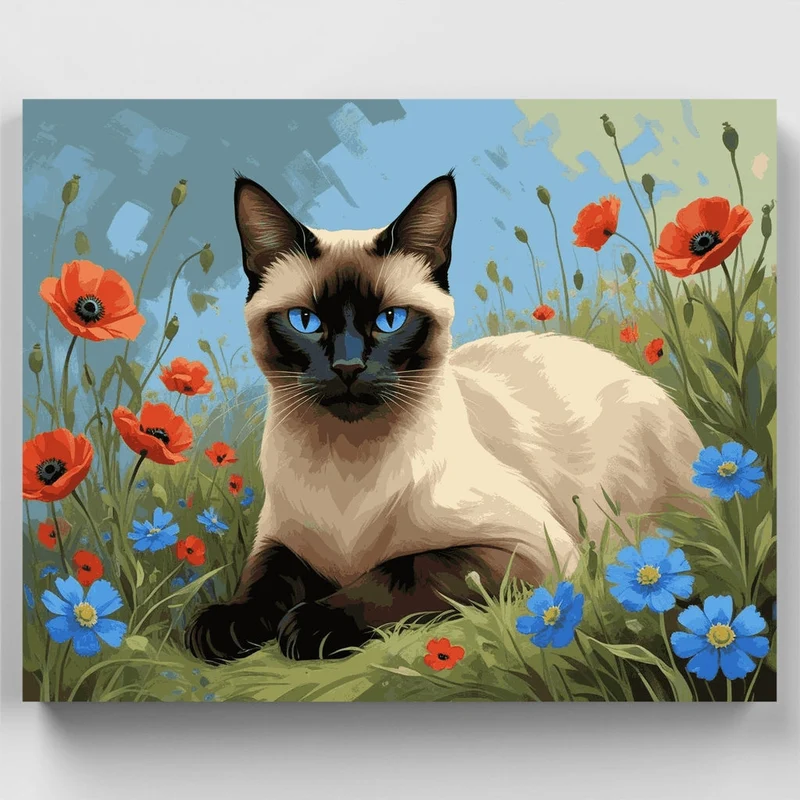 Siamese Cat in Wildflower Meadow - Paint by Numbers Kit