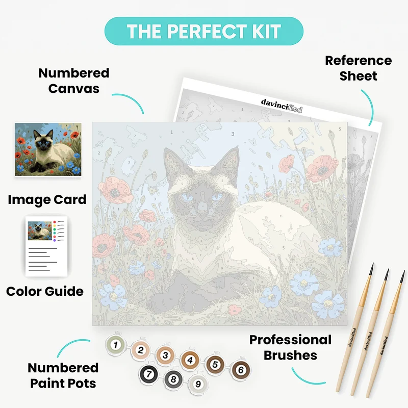 Siamese Cat in Wildflower Meadow - Paint by Numbers Kit