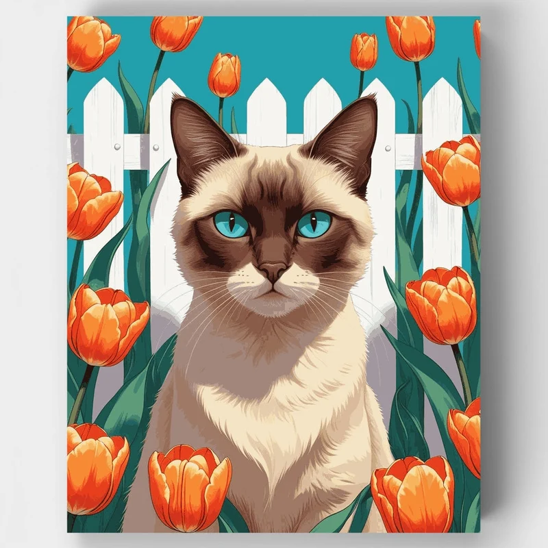 Siamese Cat in Tulip Garden - Paint by Numbers Kit