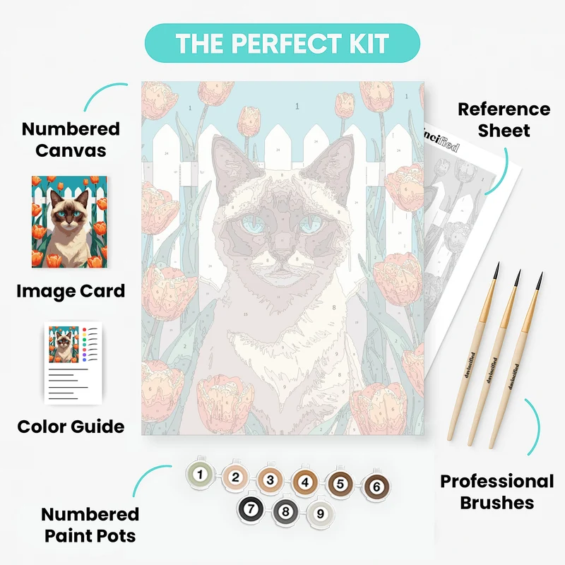 Siamese Cat in Tulip Garden - Paint by Numbers Kit