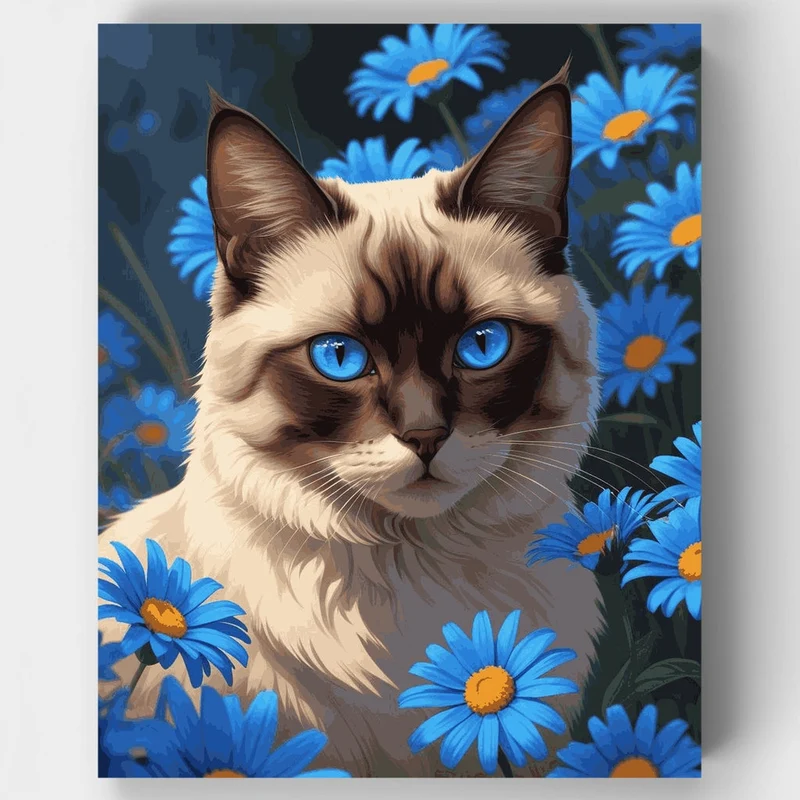 Siamese Cat with Blue Daisies - Paint by Numbers Kit