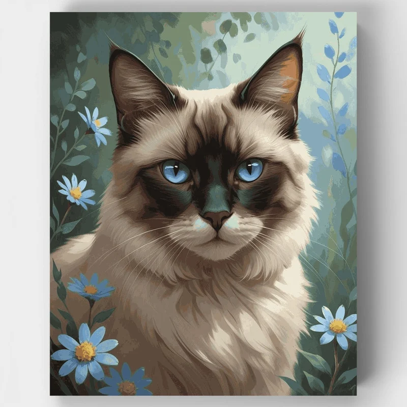 Siamese Cat with Blue Eyes in Flower Garden - Paint by Numbers Kit