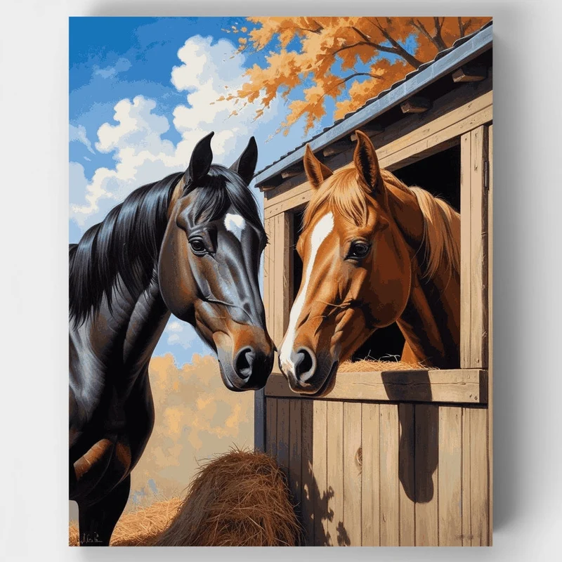 Two Horses at Stable - Paint by Numbers Kit
