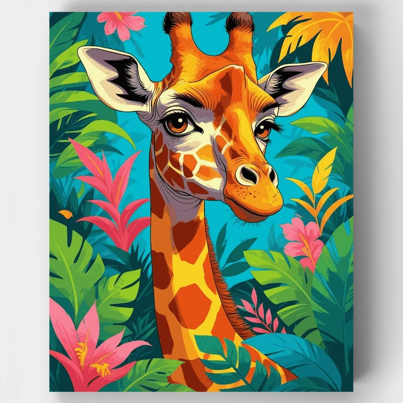 Cheerful Giraffe in Jungle Blooms - Paint by Numbers Kit