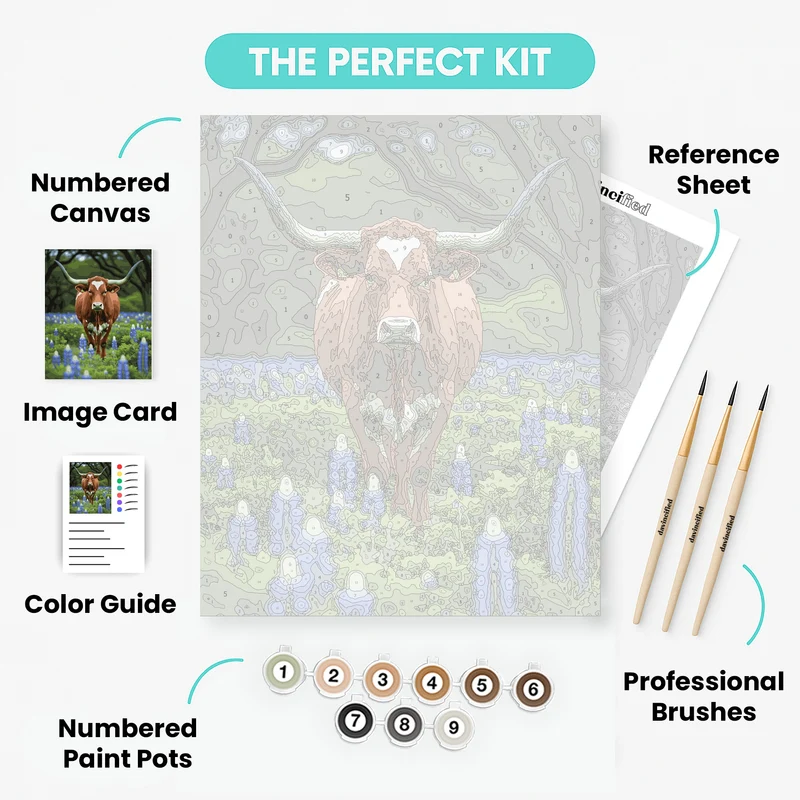 Texas Longhorn in Bluebonnets - Paint by Numbers Kit