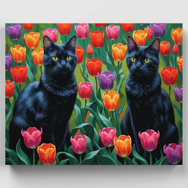 Black Cats in Tulip Garden - Paint by Numbers Kit