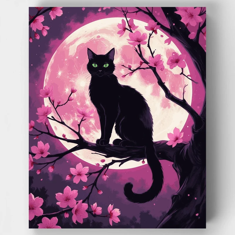 Black Cat Under Pink Moon with Cherry Blossoms - Paint by Numbers Kit