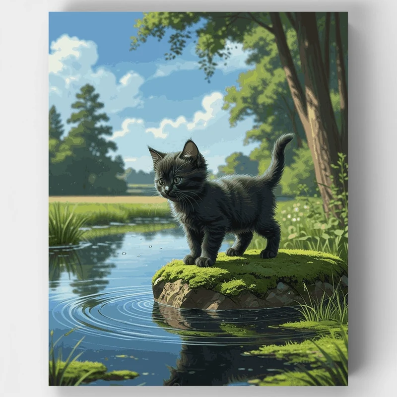Black Kitten by the Pond - Paint by Numbers Kit