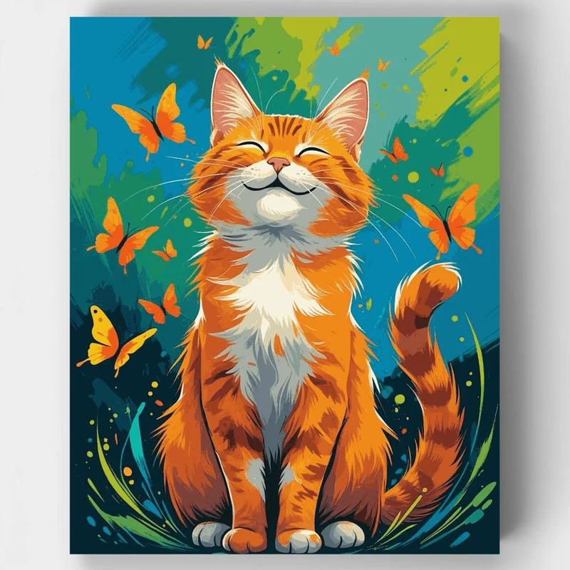 Happy Orange Tabby Cat with Butterflies - Paint by Numbers Kit