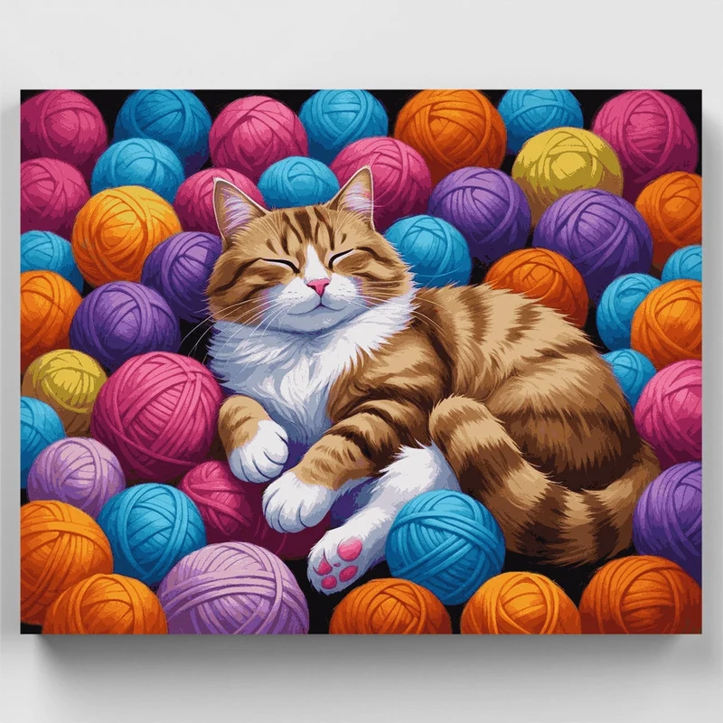 Contented Tabby Cat Nestled in Colorful Yarn Balls - Paint by Numbers Kit
