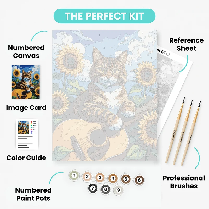 Tabby Cat with Guitar in Sunflower Field - Paint by Numbers Kit