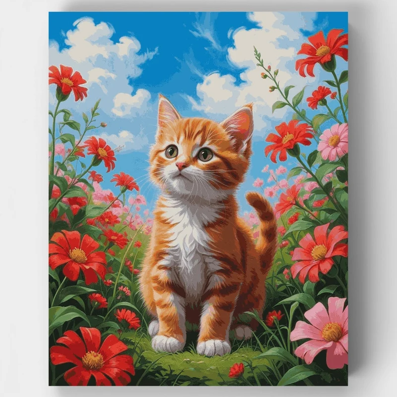 Orange Tabby Kitten in Blooming Garden - Paint by Numbers Kit