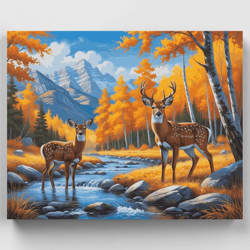 Autumn Deer by Mountain Stream - Paint by Numbers Kit