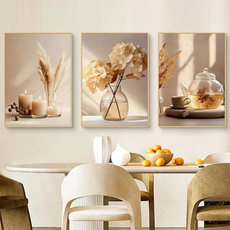 3er Set Boho Bilder Wanddeko Beige Blumen Poster 50x70cm