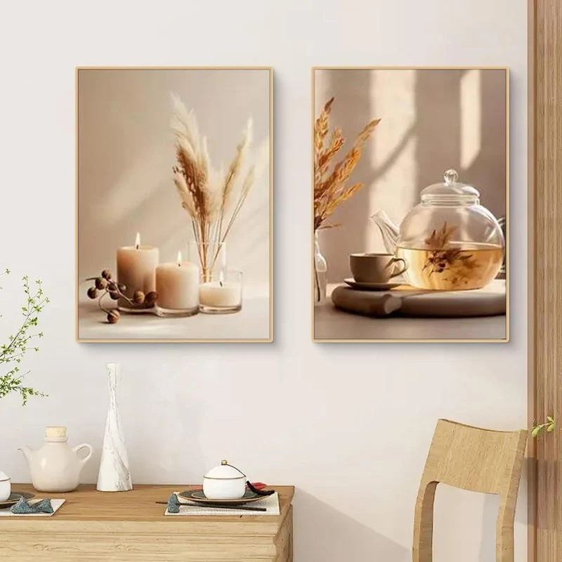 3er Set Boho Bilder Wanddeko Beige Blumen Poster 50x70cm