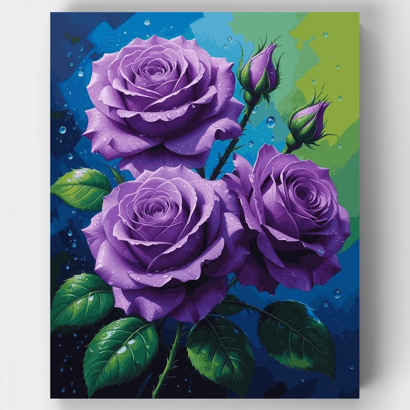 Purple Roses with Water Droplets - Paint by Numbers Kit