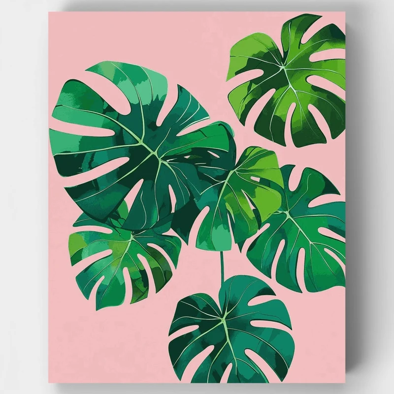 Tropical Monstera Leaves on Pink - Paint by Numbers Kit
