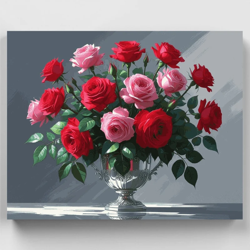 Elegant Rose Bouquet in Silver Vase - Paint by Numbers Kit