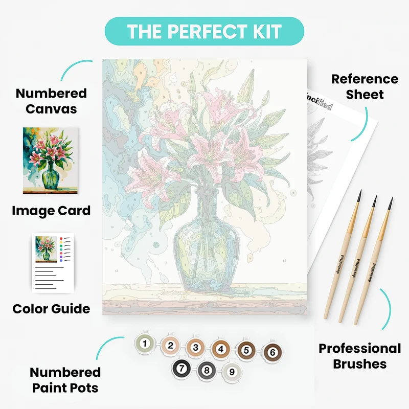 Pink Lilies in Glass Vase Watercolor - Paint by Numbers Kit