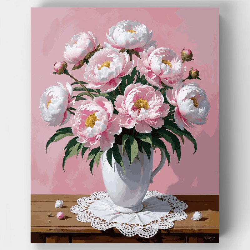 Pink Peonies in White Vase - Paint by Numbers Kit