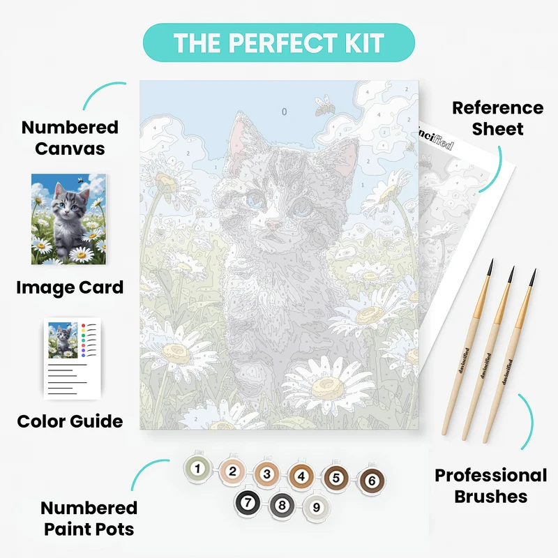 Adorable Kitten in Daisy Field - Paint by Numbers Kit