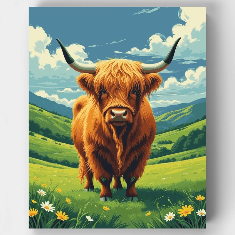 Majestic Highland Cow in Scottish Valley - Paint by Numbers Kit