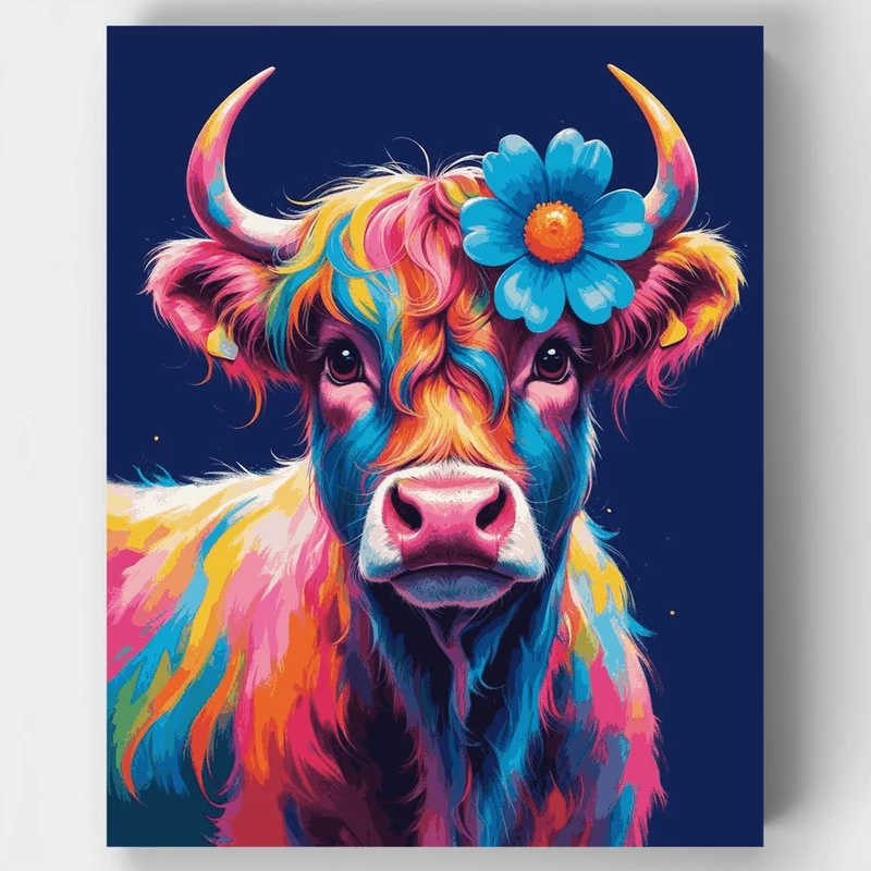 Vibrant Highland Cow with Flower - Paint by Numbers Kit